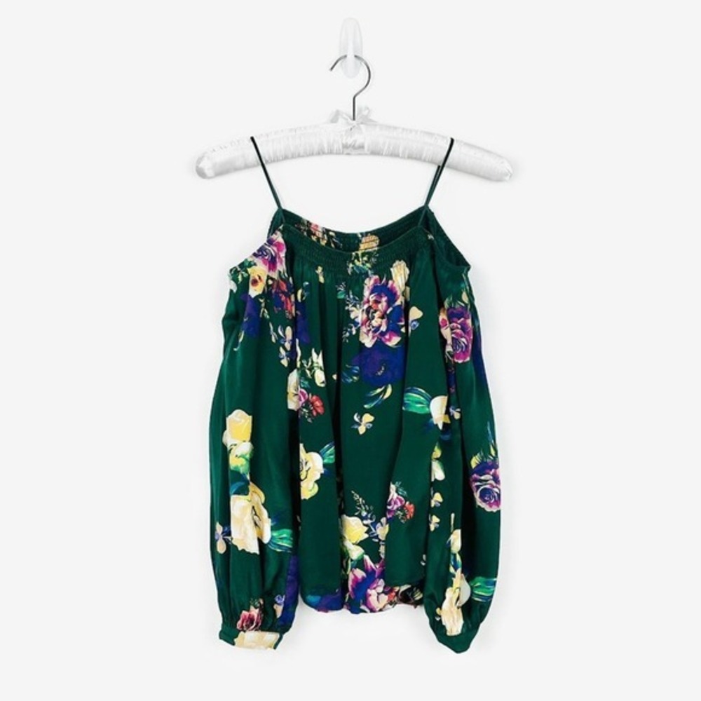 Maeve Tallie Floral Top Size XS Forest Green Silk Cold Shoulder Romantic Boho